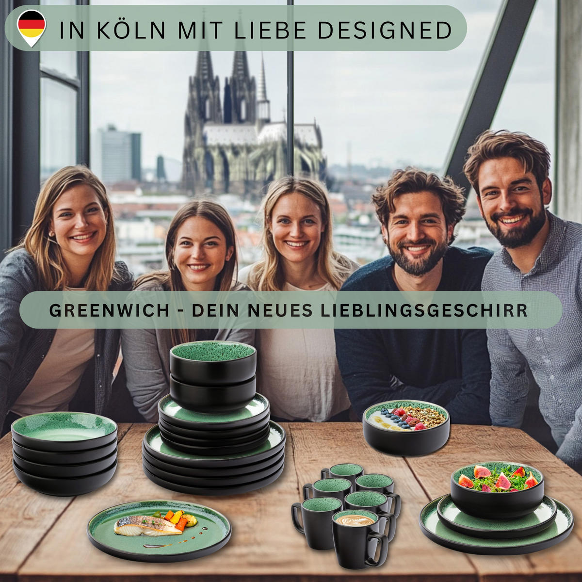 KAFFEEBECHER SET GREENWICH - 6 teilig aus Steingut - Grün, Stein (0.43L) - Sänger