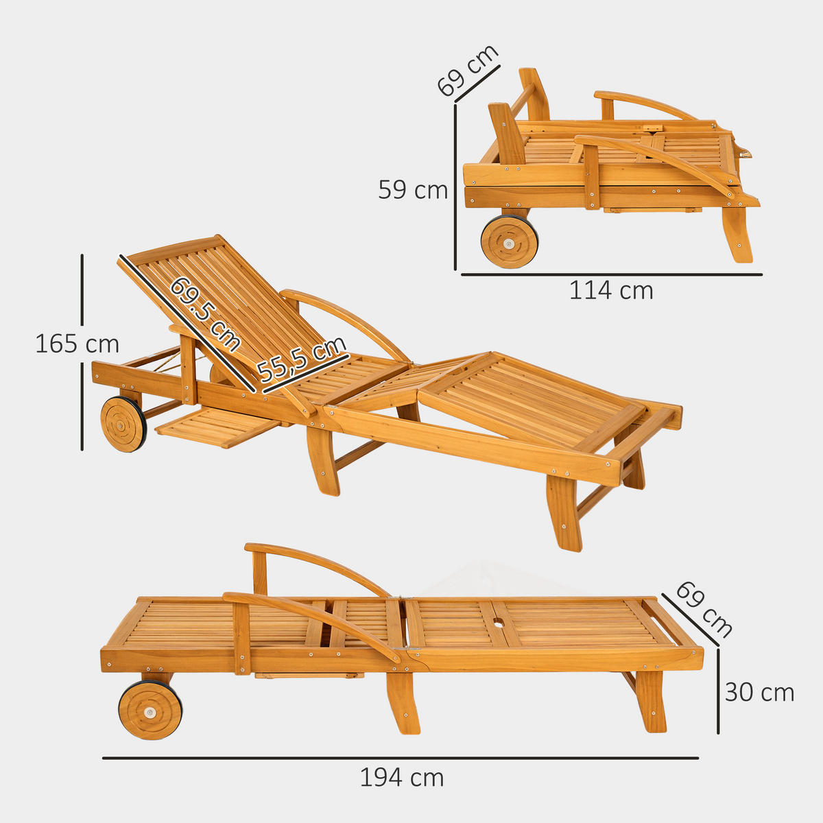 KLAPPBARE-GARTENLIEGE Akazienholz Teak - Teakfarben, Holz (69/85/165cm) - Outsunny