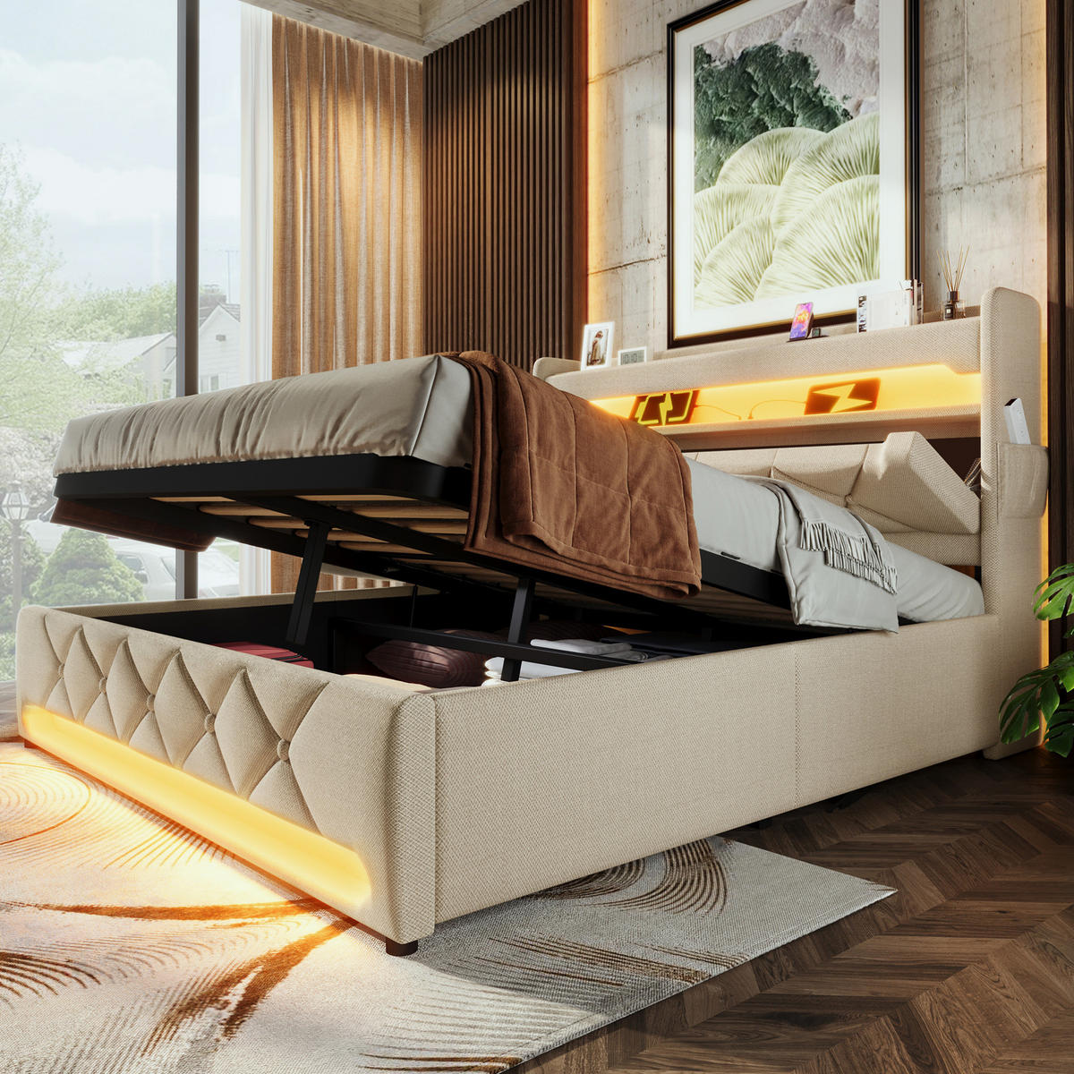 BETT mit LED, USB und Stauraum 140x200 cm Leinen Beige - Beige, Metall (140/200cm) - Meubliv