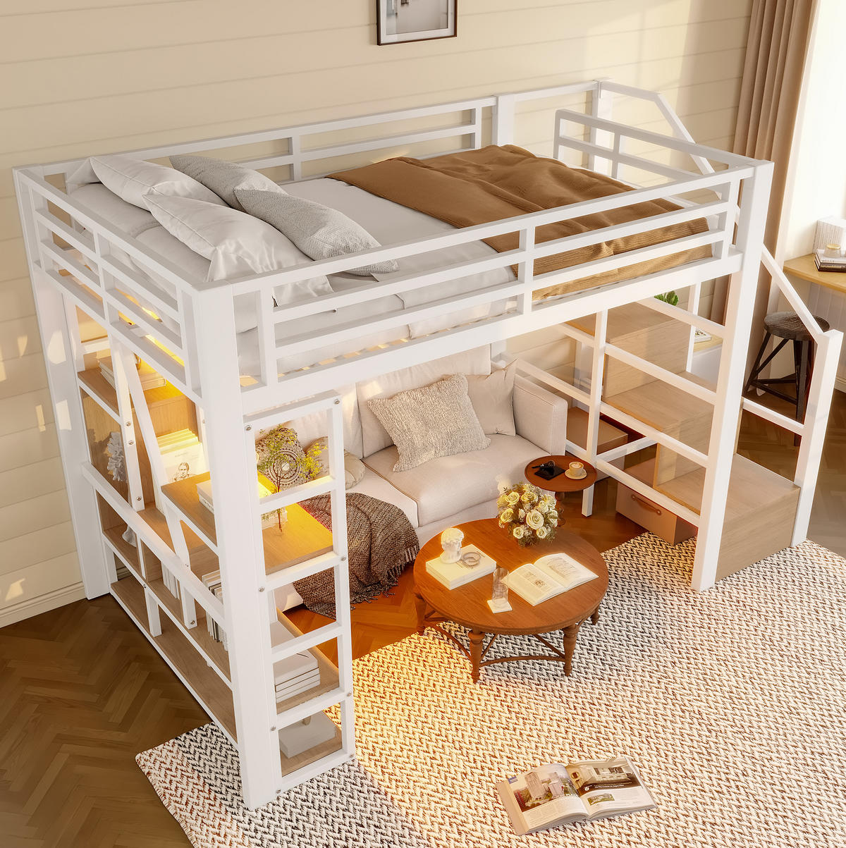 HOCHBETT 140/200 cm aus Metall und MDF mit LED-Lichtleiste und Stauraumtreppe Weiß - Weiß, Holzwerkstoff (140/200cm) - Modenvie