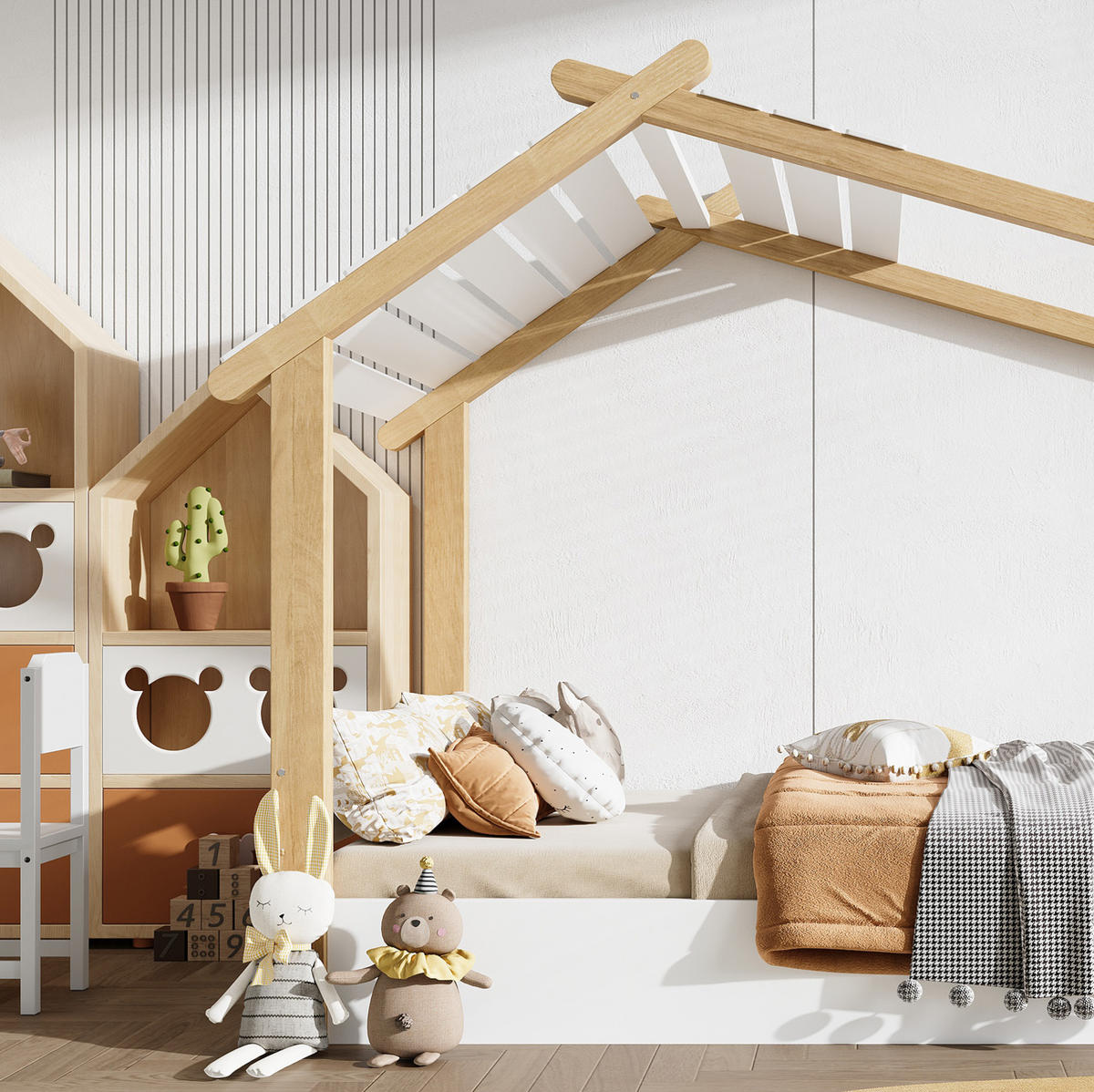 KINDERBETT 90/190 cm in Weiß/Natur im Holzhausdesign mit Lattenrost - Weiß, Holz (90/200cm) - Flora Grace