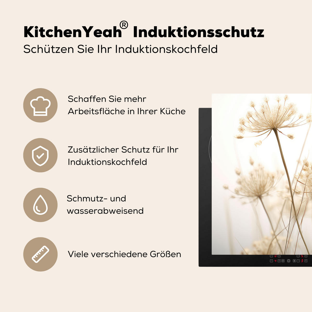HERDABDECKPLATTE Blumen - Weiß - Sonnenlicht 77x59 cm - Ecru, Kunststoff (77/0.2/59cm) - MuchoWow