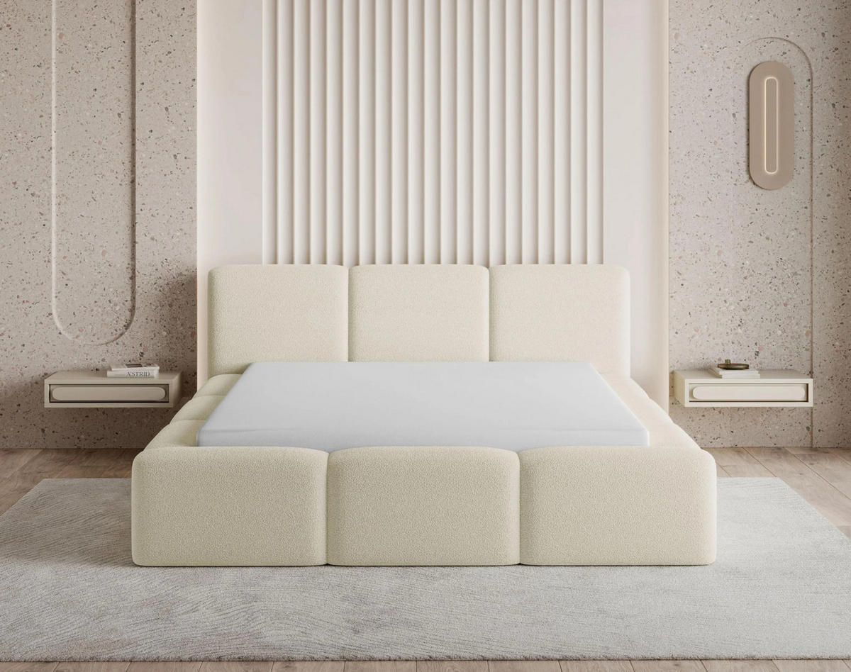 POLSTERBETT Como 140x200 cm mit Bettkasten, Lattenrost und Kopfteil - Bouclé Beige - Beige, Holz (140/200cm) - Chilly
