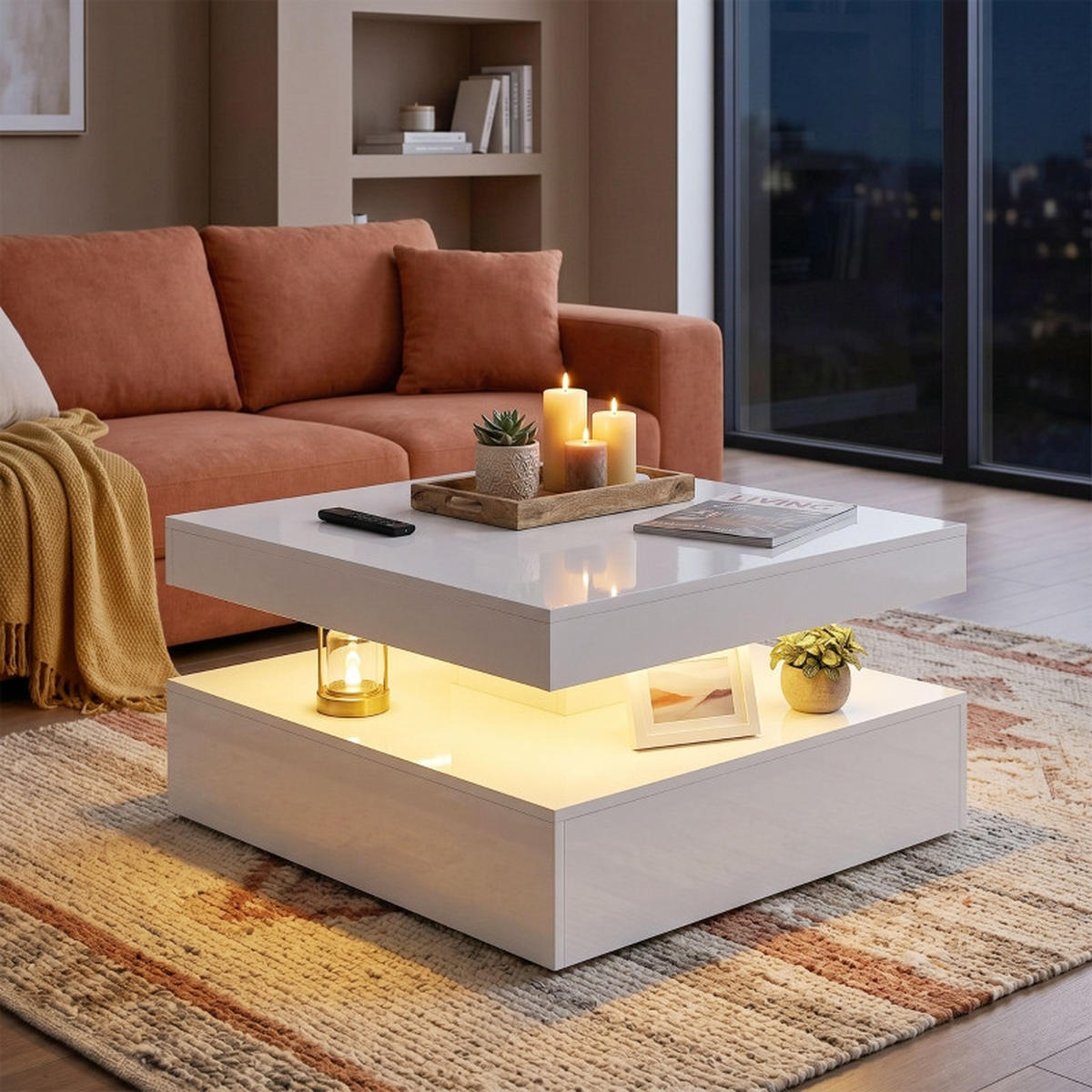 COUCHTISCH DE-37205 2-stufig mit LED und offener Ablage Weiß - Weiß, Holzwerkstoff (78/78/40cm) - ComfortXL