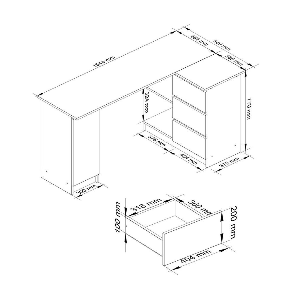 Thumbnail - Akord Eckschreibtisch, Weiß, Holzwerkstoff, 4 Fächer, 3 Schubladen, L-Form,Formgebogen,Formgebogen, 155x77x85 cm, Arbeit...
