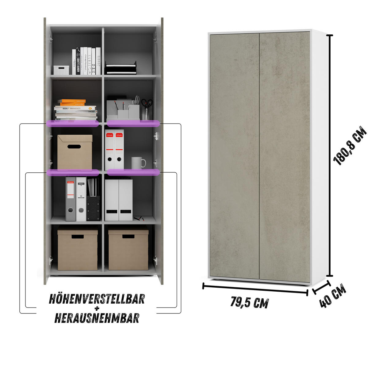 AKTENSCHRANK Amira T00 Beton Oxid 180/80/40 cm - Hellgrau, Holzwerkstoff (80/180/40cm) - SIMPLYFURN