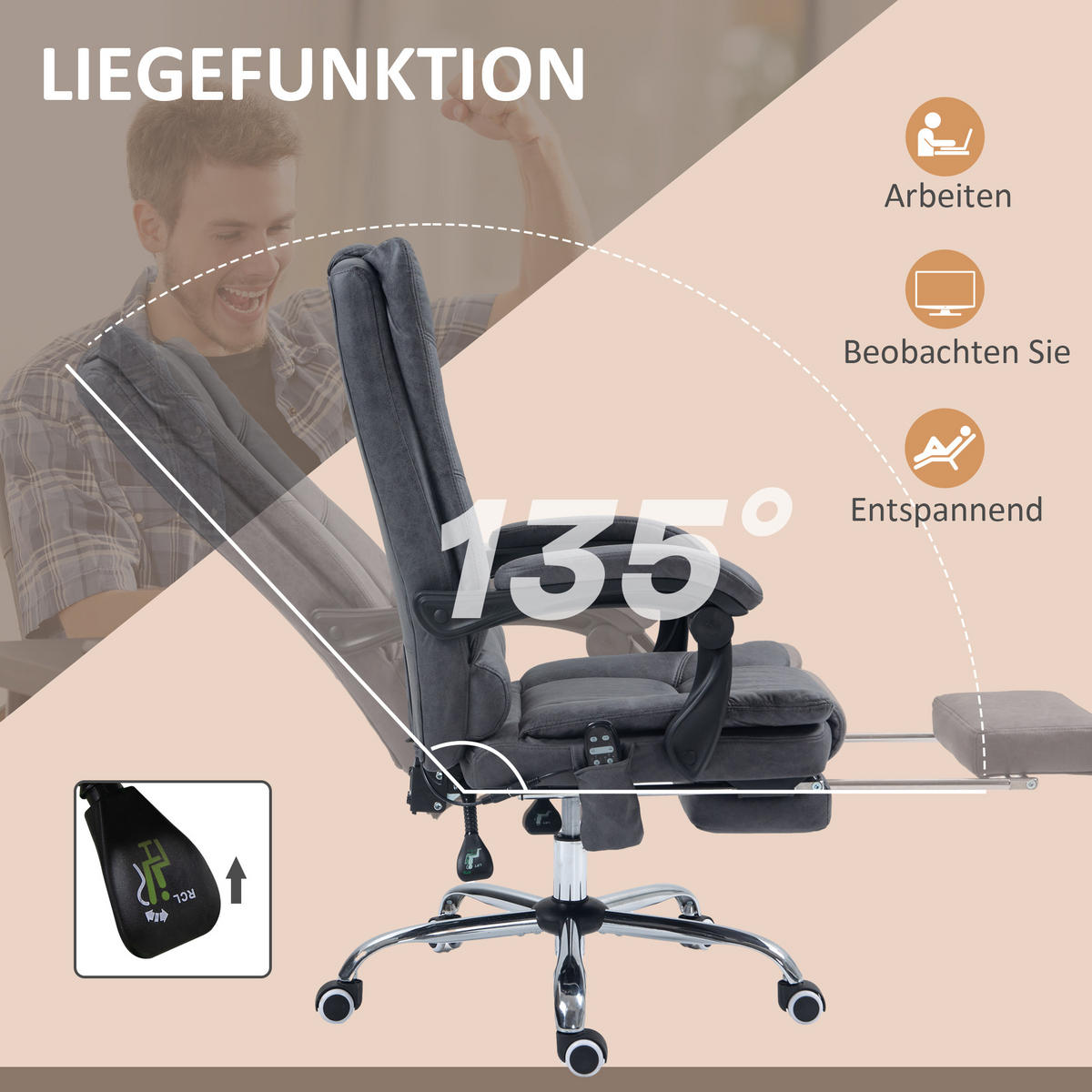 MASSAGE-BÜROSTUHL, Dunkelgrau - Dunkelgrau, Textil (70/118/64cm) - Vinsetto