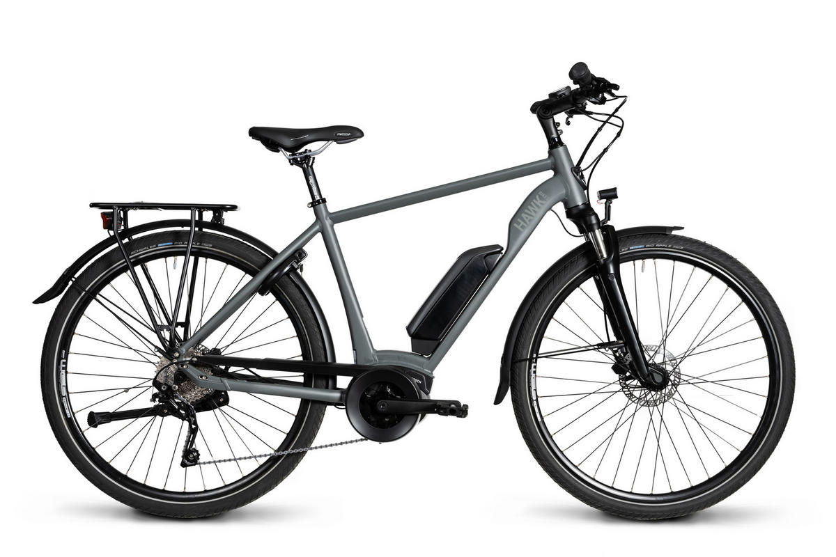 E-TREKKING 500 Gent E-Bike Grey 10 Gang 28 Zoll Gr: 53cm & 57cm - Grau, Metall (53cm) - Hawk Bikes