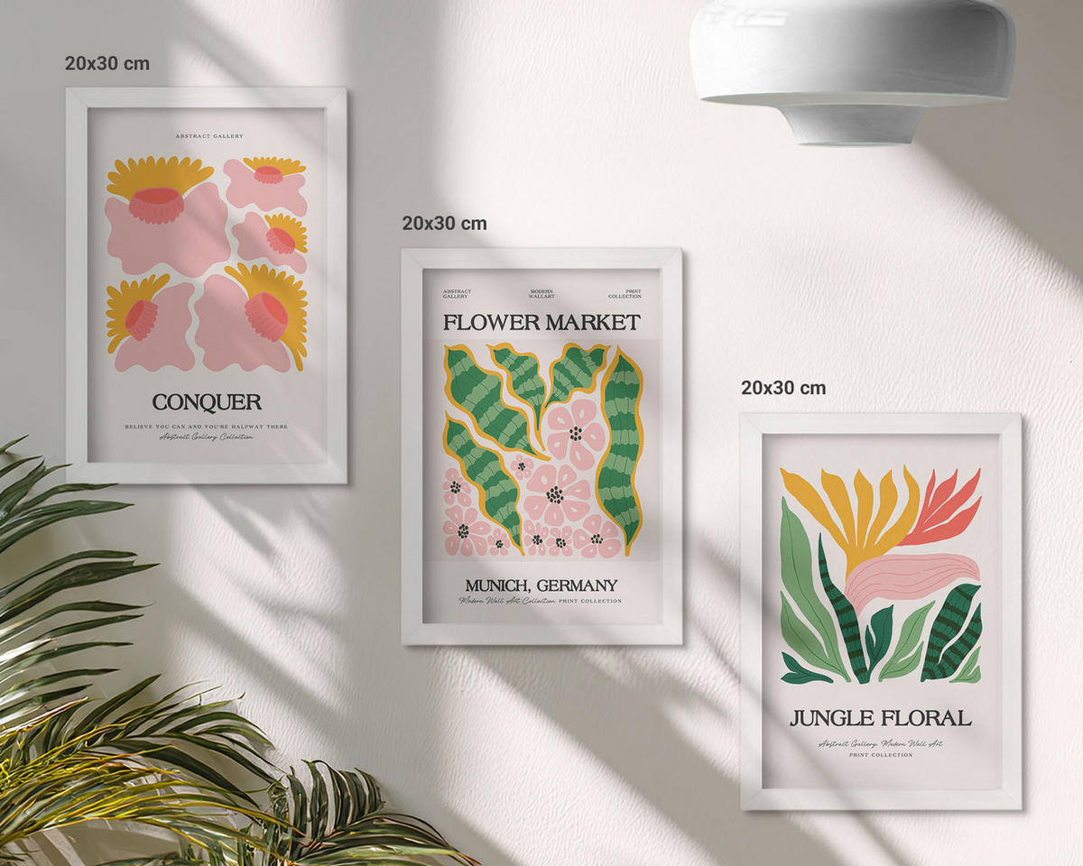 BILDER SET 3er Set - 20x30 cm Weißer Rahmen - Blumen und Blätter – moderne Poster - Weiß, Kunststoff (20/30cm) - TULUP