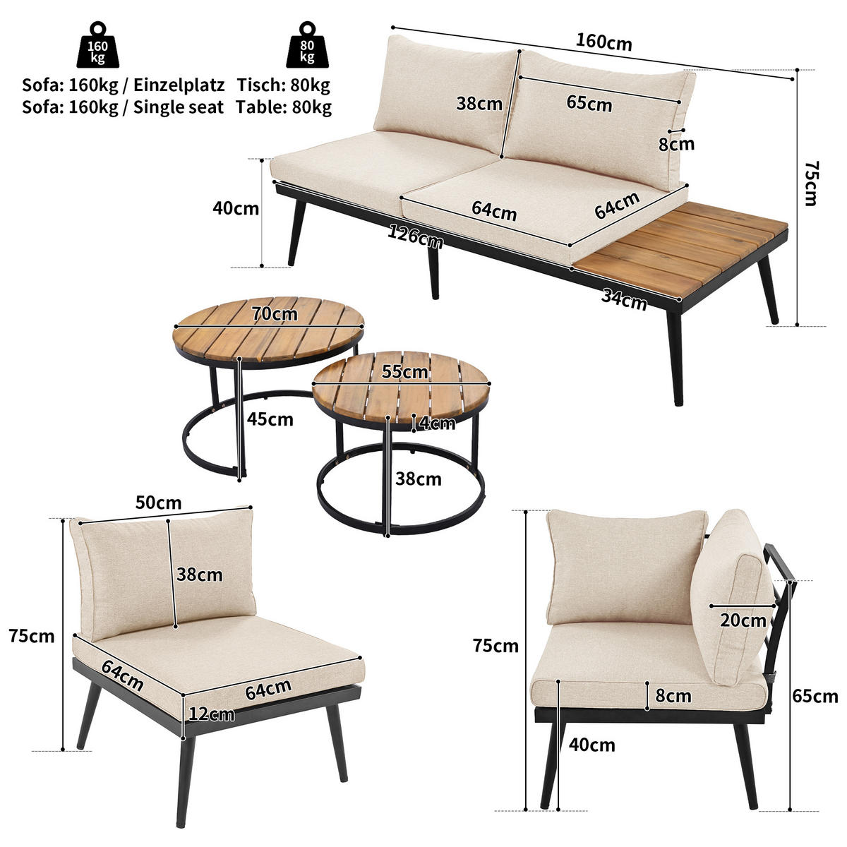 ESSGRUPPE 6-tlg. Grau 2x Sofa 2x Sessel 2x Tisch - Beige, Metall - FLIEKS