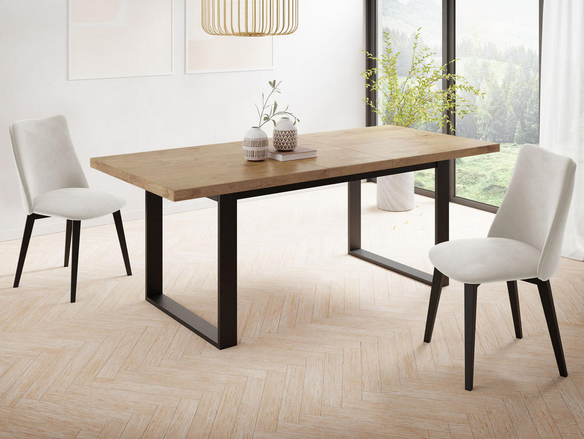 ESSTISCH Valentino rechteckig ausziehbar, Lancelot Eiche 160/200/80/75 cm - Eichefarben/Schwarz, Holzwerkstoff/Metall (160/80/75cm) - WFL GROUP