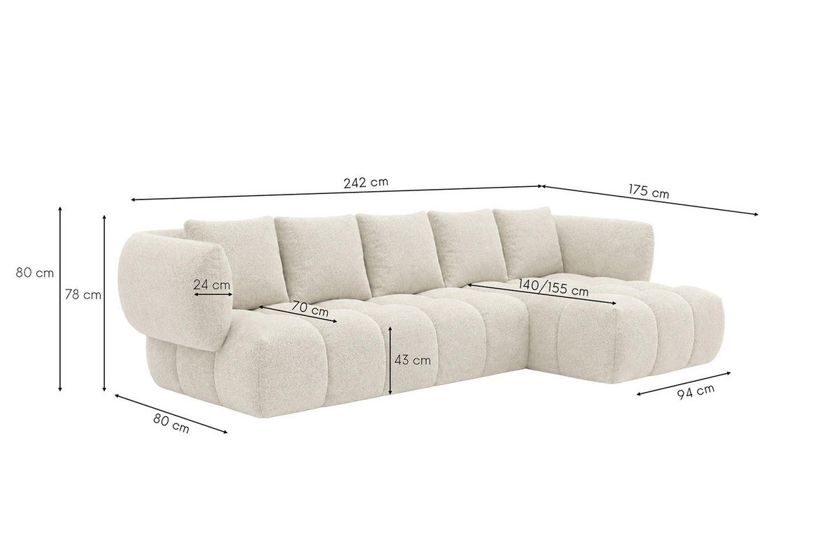 ROHOVÁ SEDAČKA ve tvaru L, žinylková tkanina Puente, Ecru, Pravá strana, SEVIO L - ecru, dřevo (242/175cm) - Kaiser Möbel