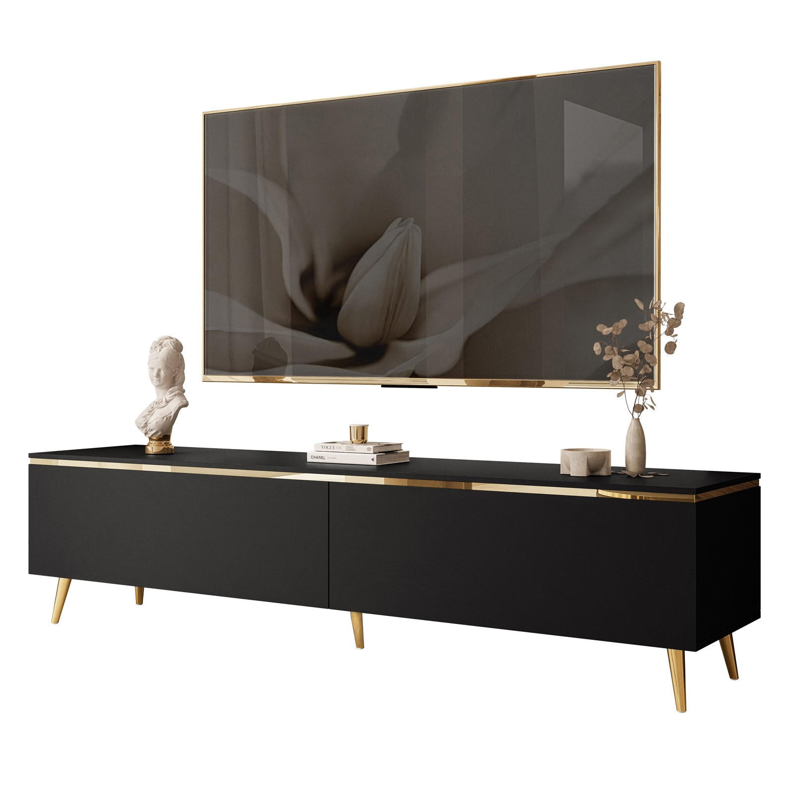 TV-LOWBOARD AURORA Schwarz Matt mit gerade Goldchrom Fuße - Goldfarben/Schwarz, Holzwerkstoff/Metall (180/45/40cm) - Lookway