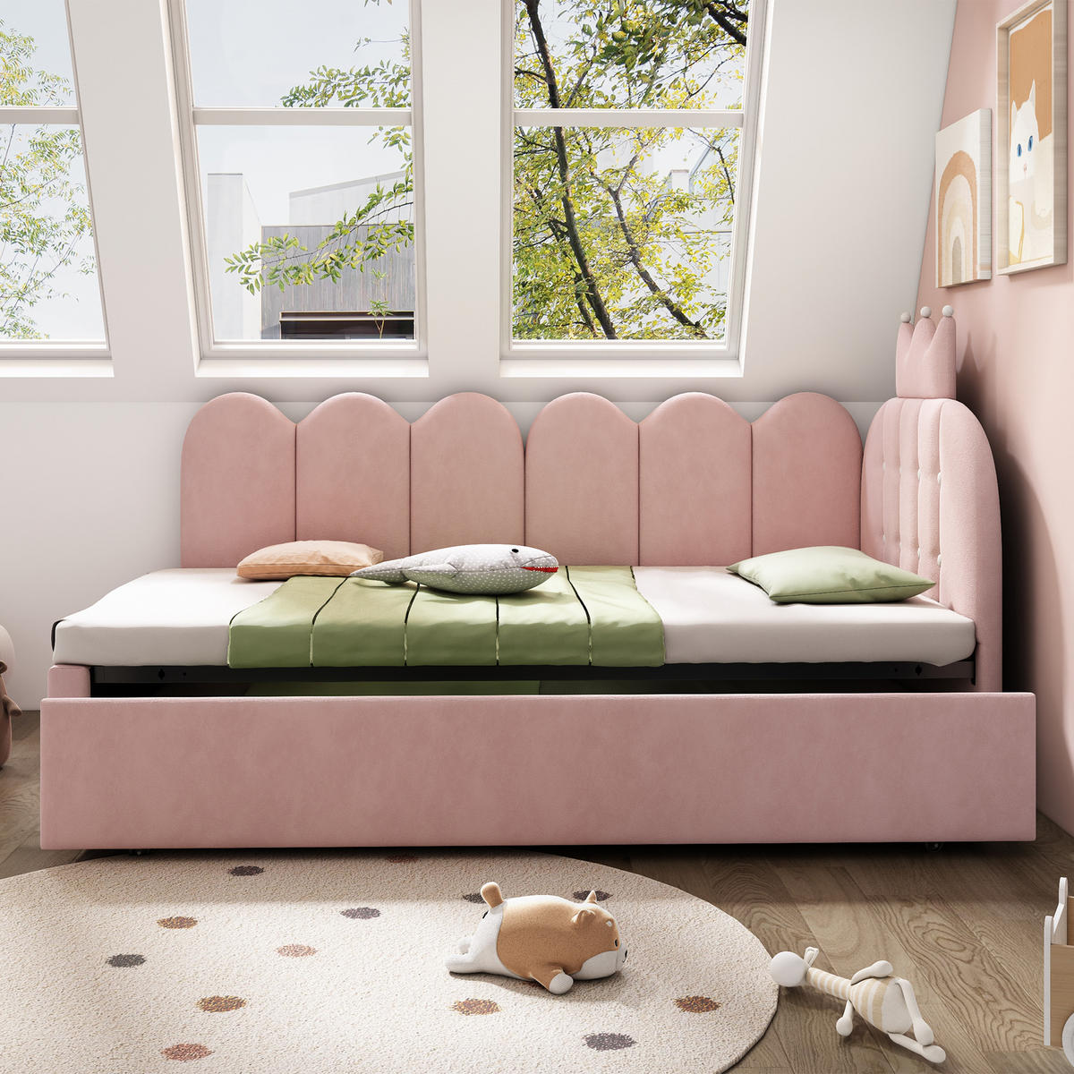 POLSTERBETT 90/200 cm mit Ausziehbett, Kronen- und Gitterdesign aus Samt, Rosa - Rosa, Textil (90/200cm) - Redom