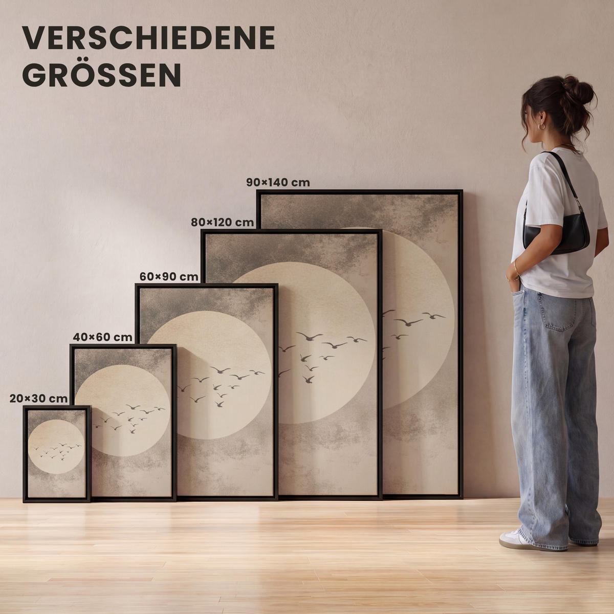 LEINWAND Bilder mit Rahmen - Vogel - Beige - Japanisch - 90x140 - Taupe, Textil (90/140cm) - MuchoWow
