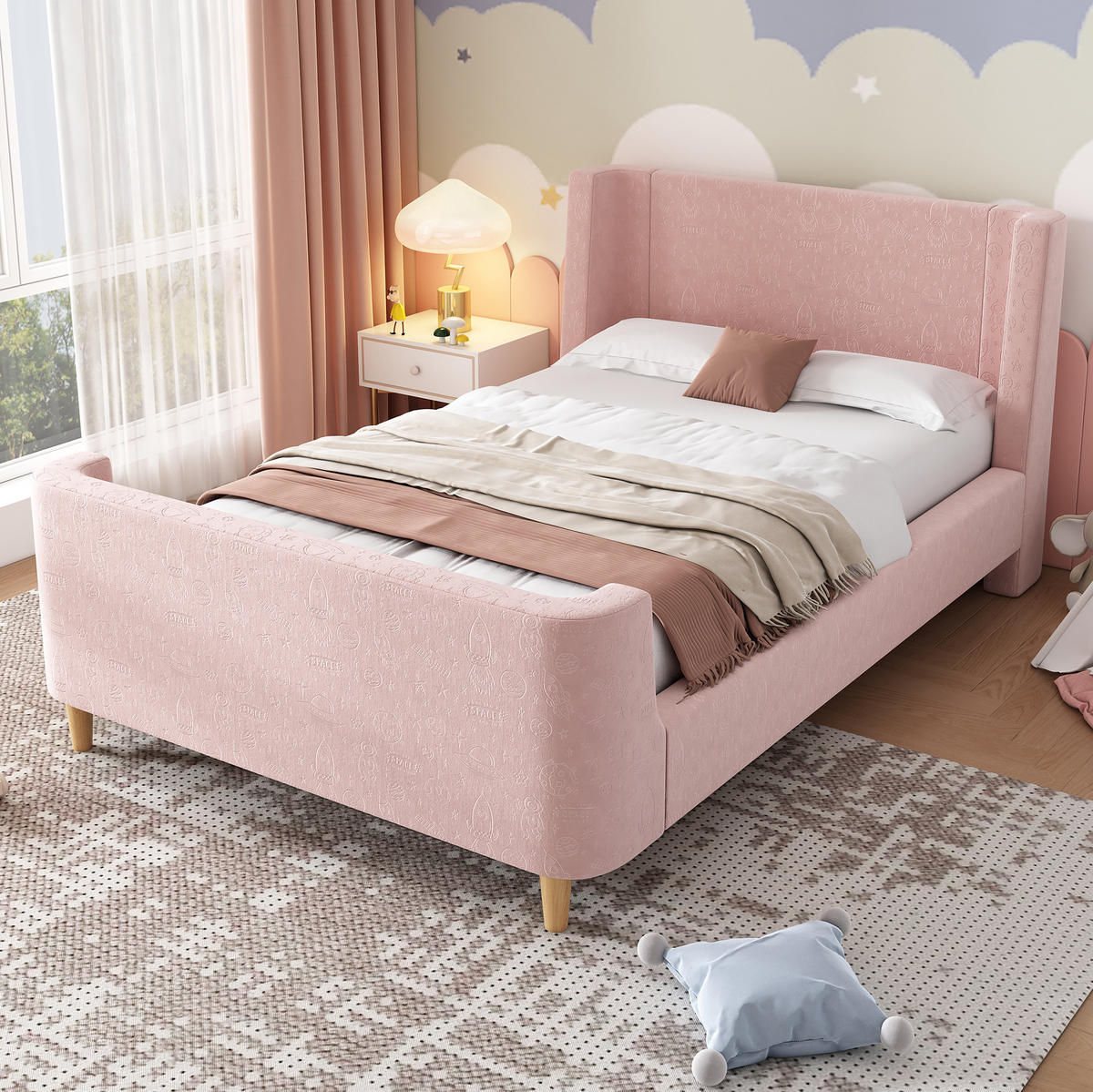 KINDERBETT 90/200 cm in Rosa mit Samtbezug und Weltraummuster - Pink, Textil (90/200cm) - BEAOK
