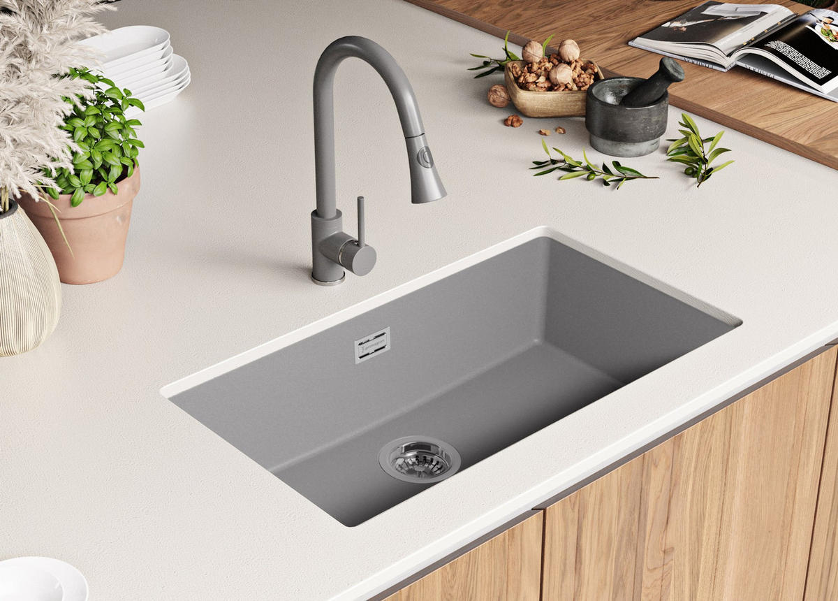 UNTERBAUSPÜLE GRANIT London, 2-er set Grau 76/47 cm 1 Becken + Ablauf-Set ab 80er Unterschrank - Grau, Kunststoff (76/20/47cm) - Primagran