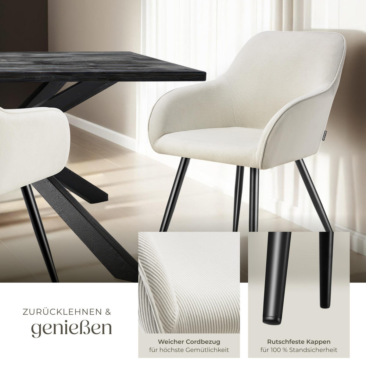 ESSZIMMERSTUHL 2er Set Marilyn 58 x 62 x 82 cm creme/schwarz - Creme/Schwarz, Kunststoff (62/82/58cm) - tectake
