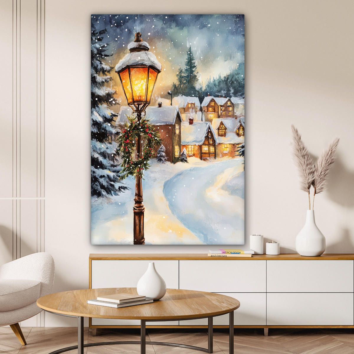 LEINWANDBILD Weihnachtsdorf - Häuser - Schnee - Weihnachten 90x140 cm - Sandfarben, Textil (90/140cm) - MuchoWow