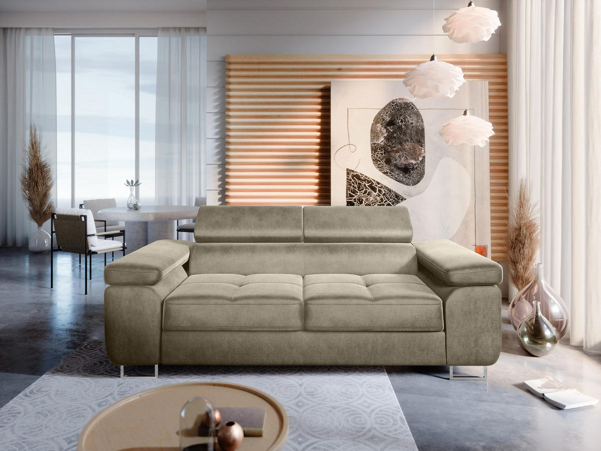 2-SITZER-SOFA WILD mit Verstellbare Kopfstützen Velours Dunkelbeige - Taupe/Chromfarben, Holz/Textil (209/89/102cm) - Muffo
