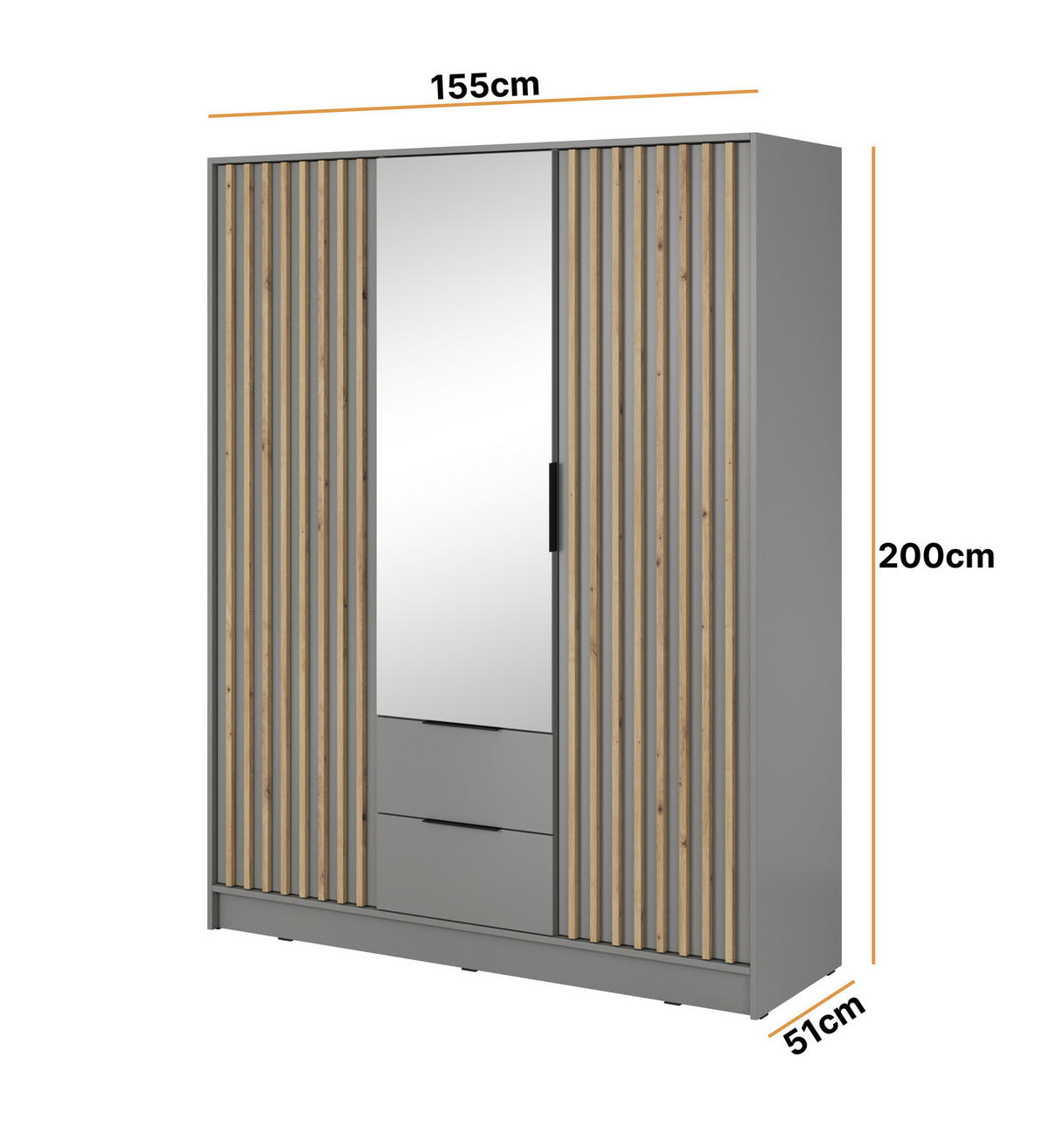 KLEIDERSCHRANK Stilo in Grau, dreitürig, mit Spiegel und Lamellen an der Front - Schwarz/Eiche Artisan, Leder/Holzwerkstoff (155/200/51cm) - Ravio