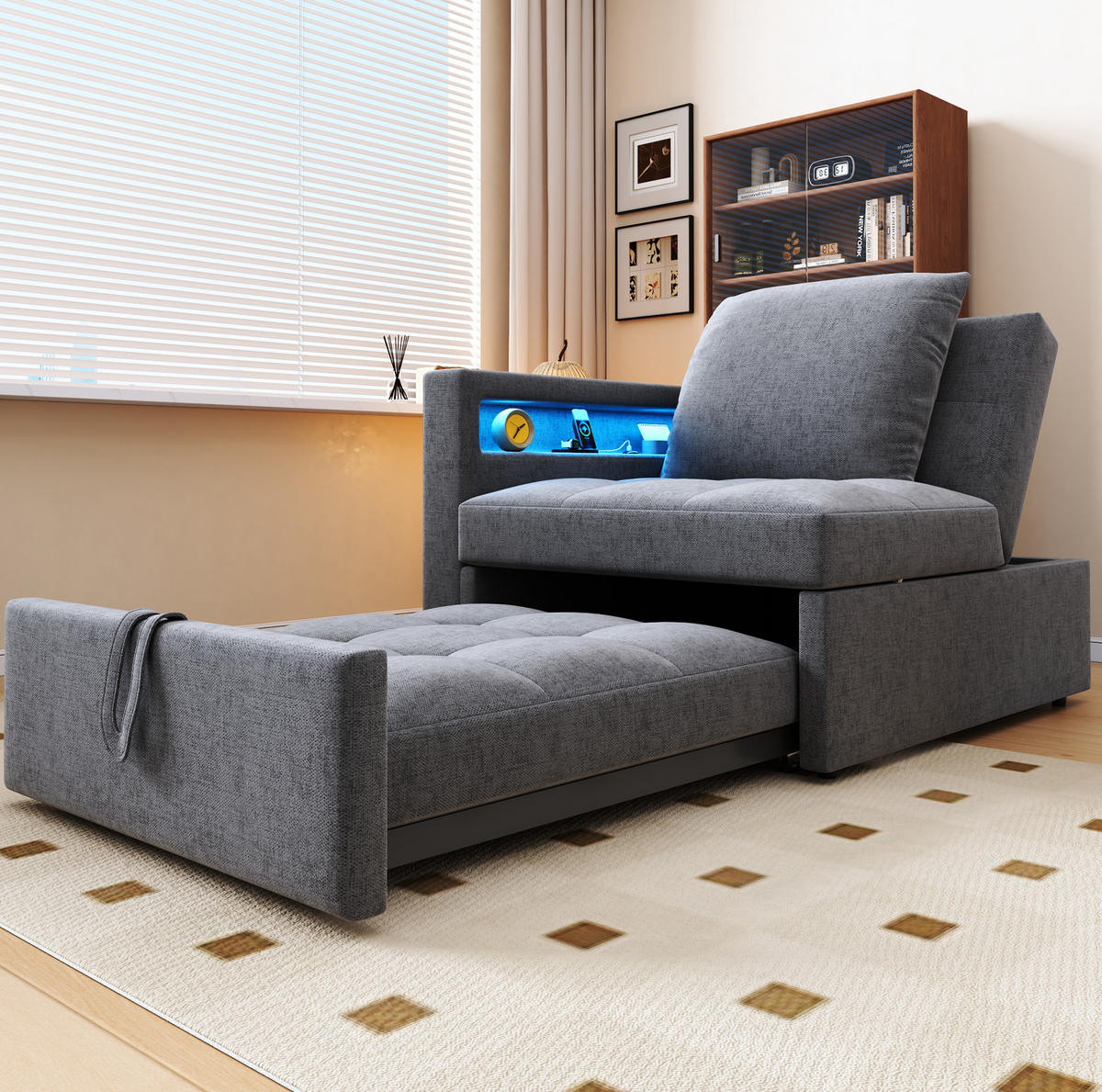 SCHLAFSOFA 3-in-1 Leinenstoff mit USB-Anschluss und LED Hellgrau 177/68/65 cm - Hellgrau, Textil (68/65/177cm) - Redom