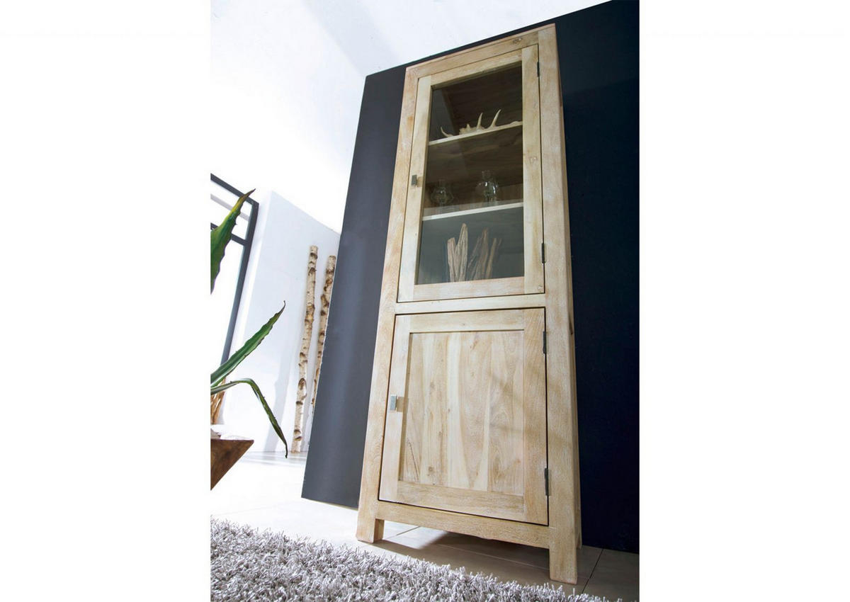 VITRINE Akazie 65x42x190 white stone getüncht NATURE WHITE #53 - Beige, Holz (65/190/42cm) - Massivmoebel24