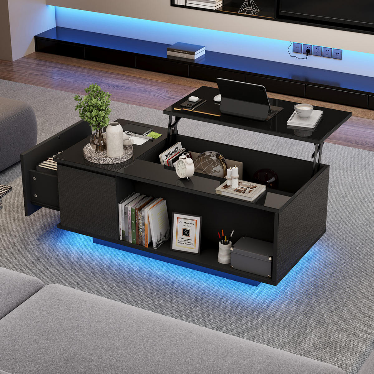 KONFERENČNÍSTOLEK 100x50cm Černý LED Zvedací Úložný - černá, dřevo (108.64/58.24/15.9cm) - FLIEKS