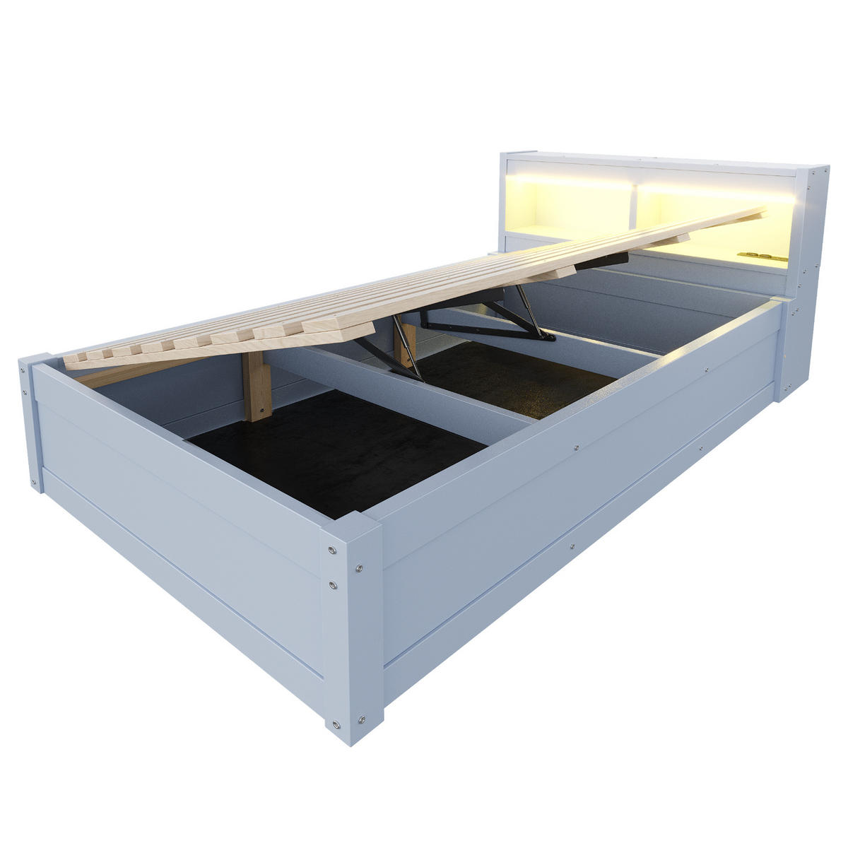 SCHLAFSOFA 90x200cm LED Stauraum Steckdose Massivholz Grau - Grau, Holzwerkstoff (90/200cm) - FLIEKS
