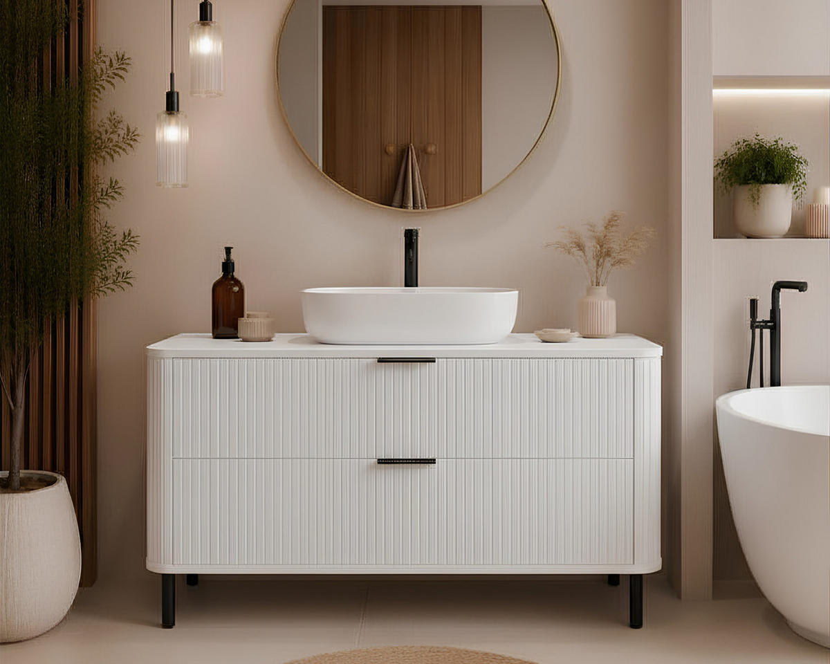 BADEZIMMERSCHRANK : Farbe Weiß, Griff schwarz, Füße schwarz, 120 x 41,5 x 66,7 cm - Schwarz/Weiß, Holzwerkstoff (120/66.7/41.5cm) - 3XE LIVING