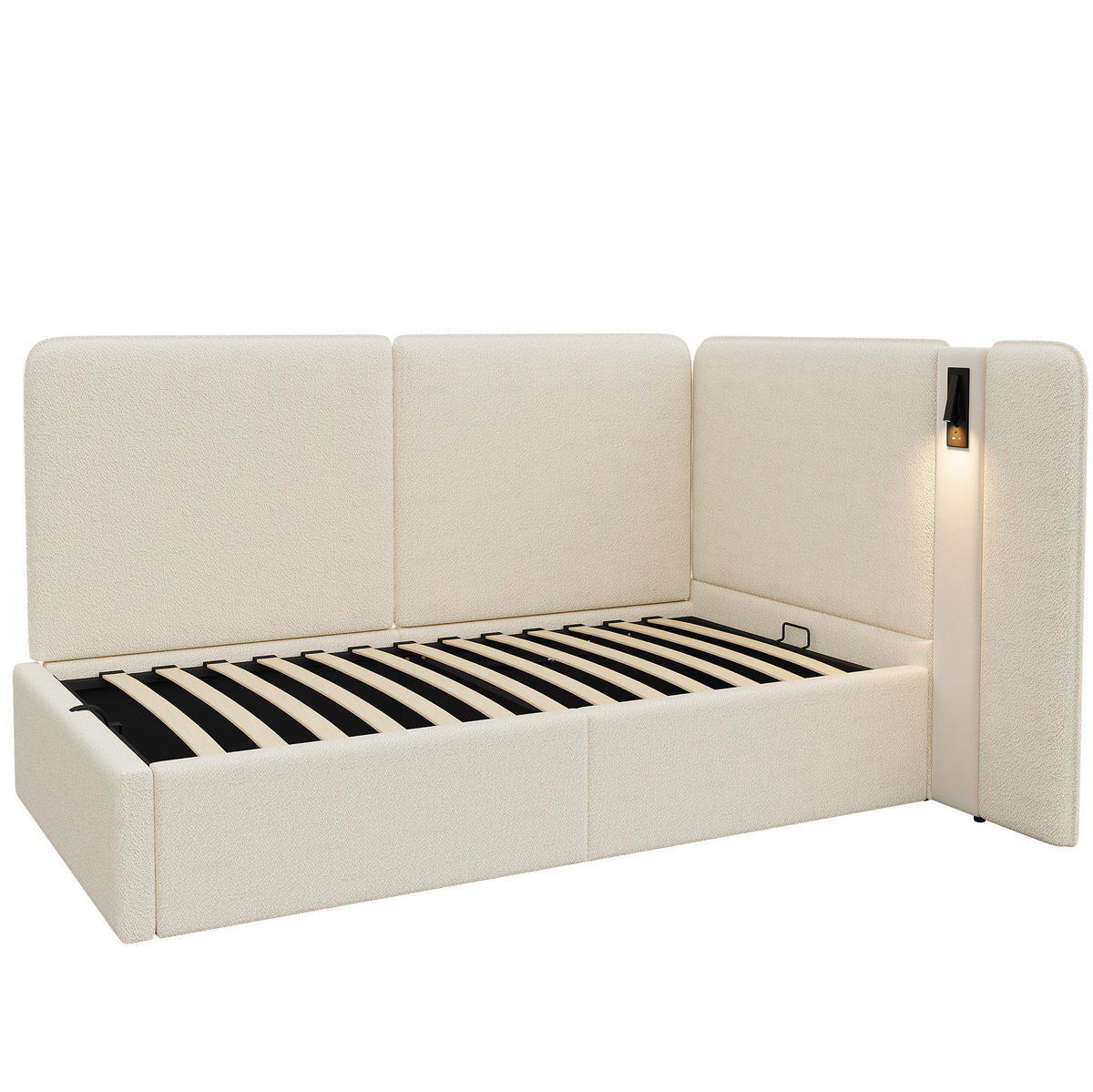 BETT 90/200 cm mit Bettkasten, USB-C-Anschluss und Leselampe, Bouclé Beige - Beige, Textil (90/200cm) - BEAOK
