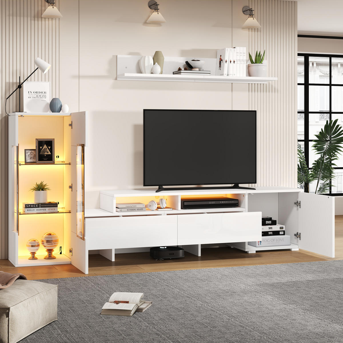 WOHNWAND 3-teilig LED Hochglanz Weiß TV Schrank - Weiß, Glas (170/45/35cm) - FLIEKS