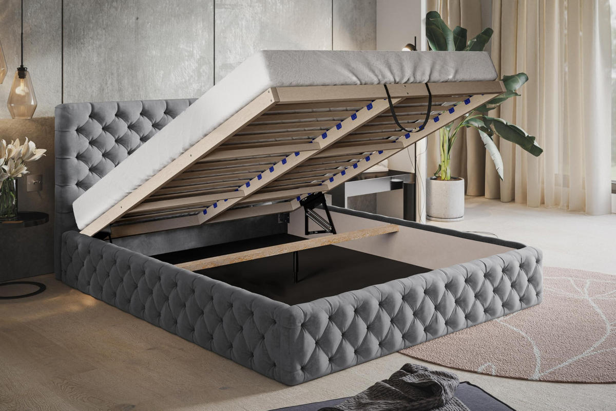 BETT 120x200 - Polsterbett mit Bettkasten und Holzrahmen - Elegant Betten - Weicher Jasminstoff - Kollektion Miami, Grau - AlpiMeble - Grau, Holz/Kunststoff (120/200cm) - Alpi-Möbel