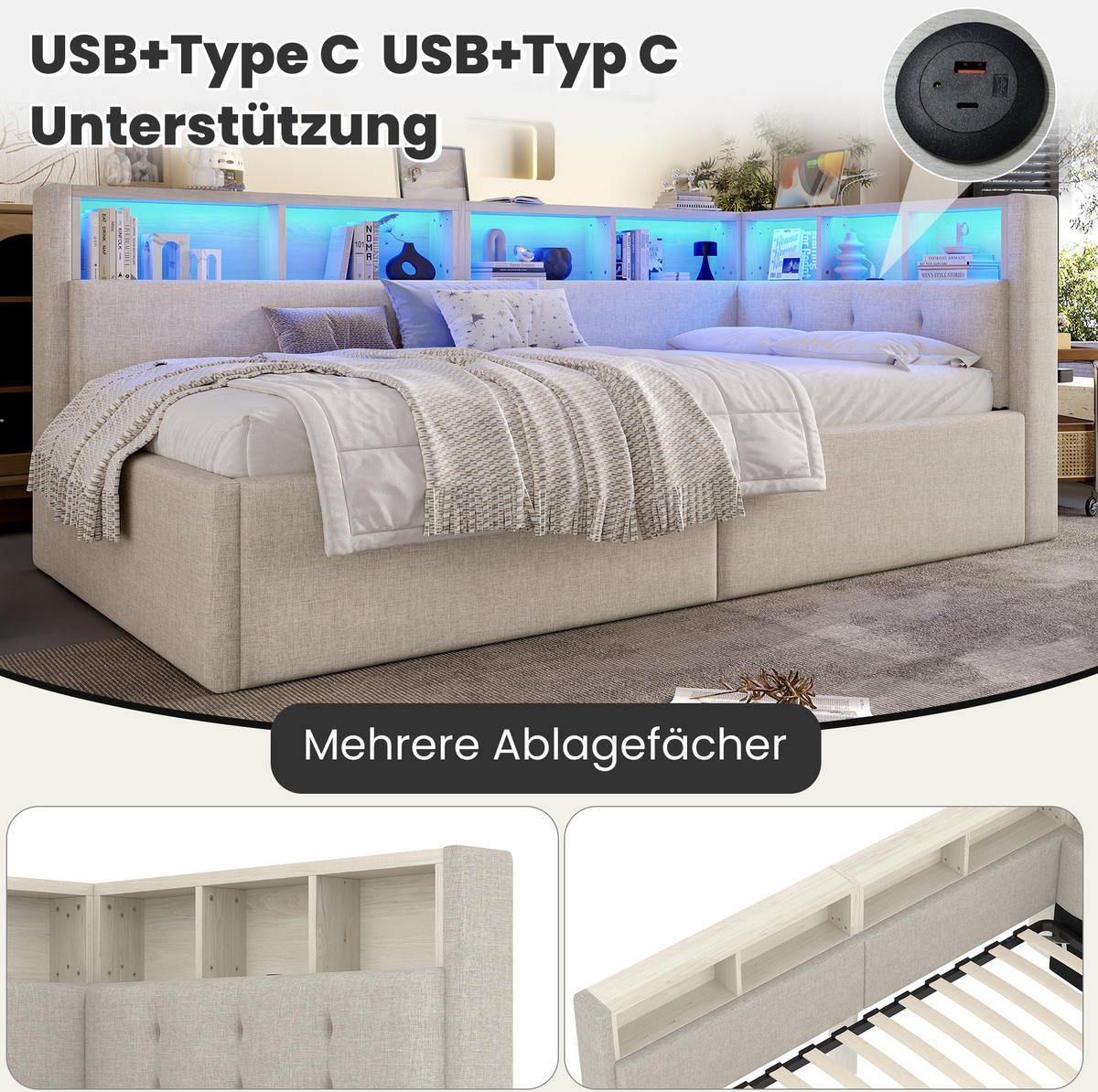 DENNÁ posteľ 90/200 cm béžová z ľanu a MDF s LED osvetlením, úložným priestorom a USB/USB-C - béžová, textil (90/200cm) - OKWISH