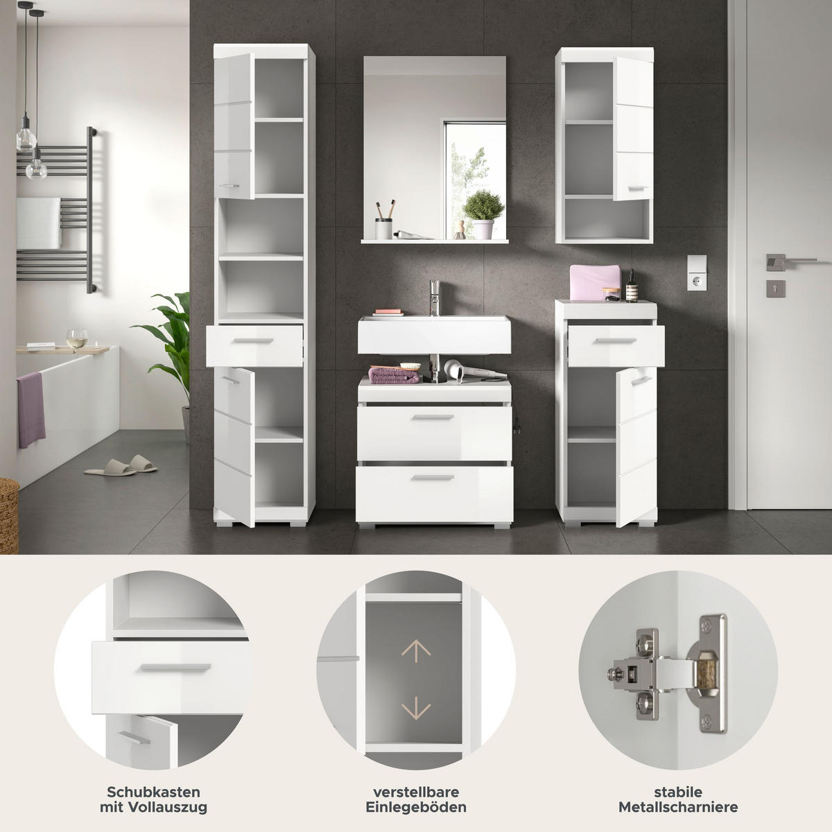 BADKOMBINATION 5tlg. Scout Bad in weiß Nachbildung und weiß hochglanz B/H/T: 164x191x37 cm - Weiß, Holz (164/191/37cm)