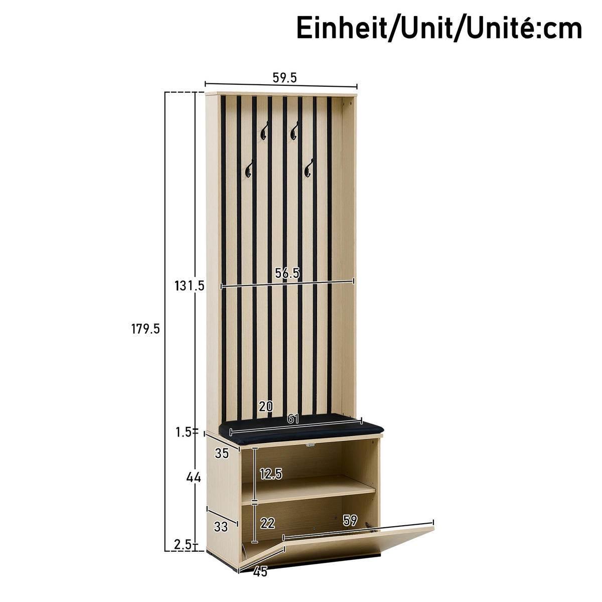 GARDEROBE-SET Spiegel Sitzbank Schuhablage Kleiderstange 4 Haken - Naturfarben, Holzwerkstoff (595/179.5/345cm) - FLIEKS