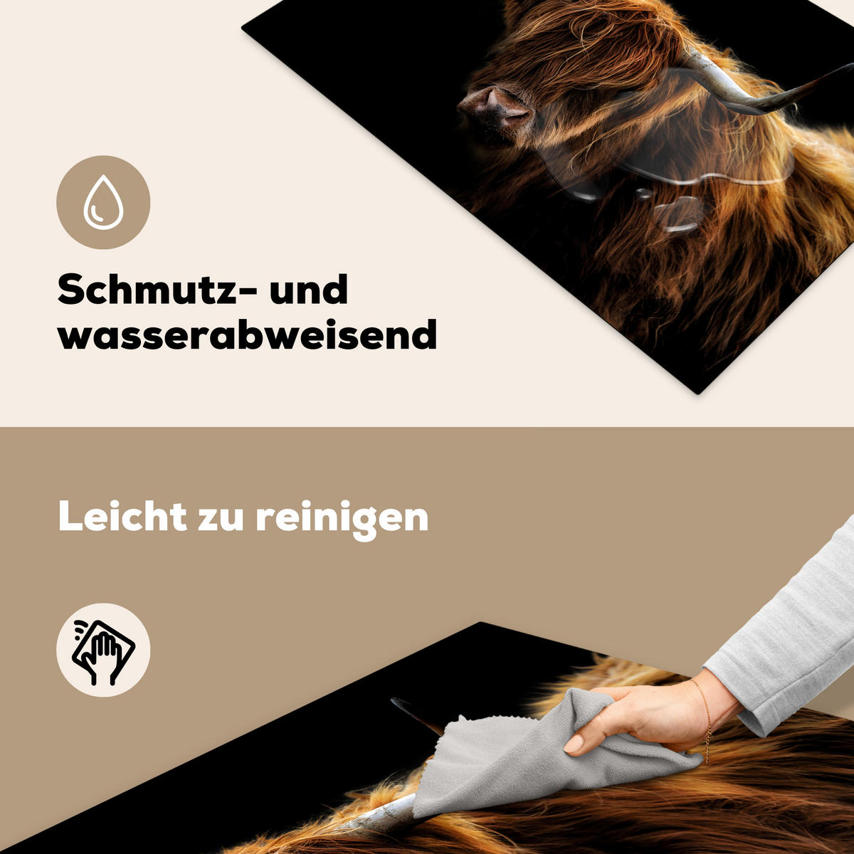 HERDABDECKPLATTE Schottischer Highlander - Hörner - Schwarz - Tiere - Natur - Wild - Kuh Induktionsschutz 81.6x52.7 cm - Cognac, Kunststoff (81.6/52.7/0.2cm) - MuchoWow