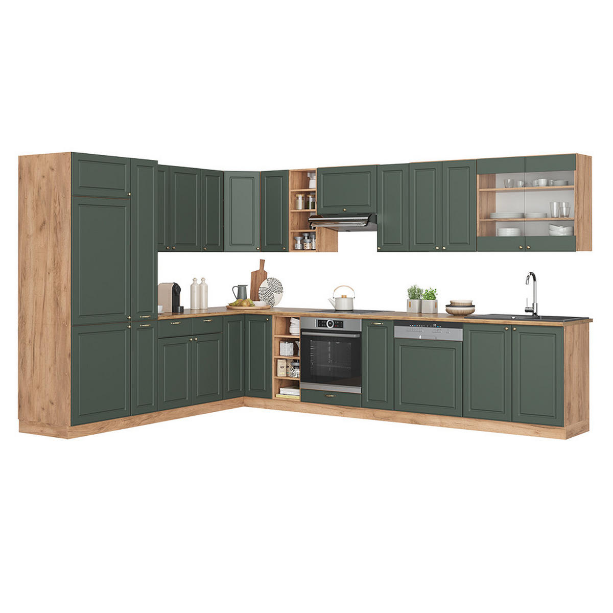 ECKKÜCHE Fame-Line Grün-Gold Landhaus/Goldkraft Eiche 347 x 257 cm ohne AP - Honigeiche/Grün, Holzwerkstoff (347/81.6/46cm) - Vicco