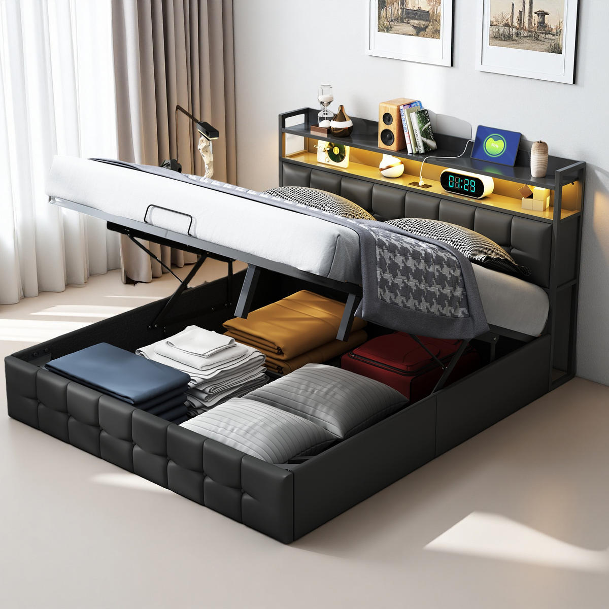 POLSTERBETT 160x200 cm LED Kopfteil Lattenrost PU Leder schwarz - Schwarz, Holz (160/200cm) - Fortuna Lai