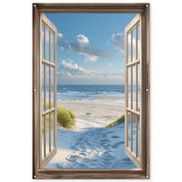 ZAHRADNÍ PLAKÁT Pohled - Pláž - Okno - Duny - Moře 120x180 cm - světle modrá, plast (120/180/0.2cm) - OnlyWow