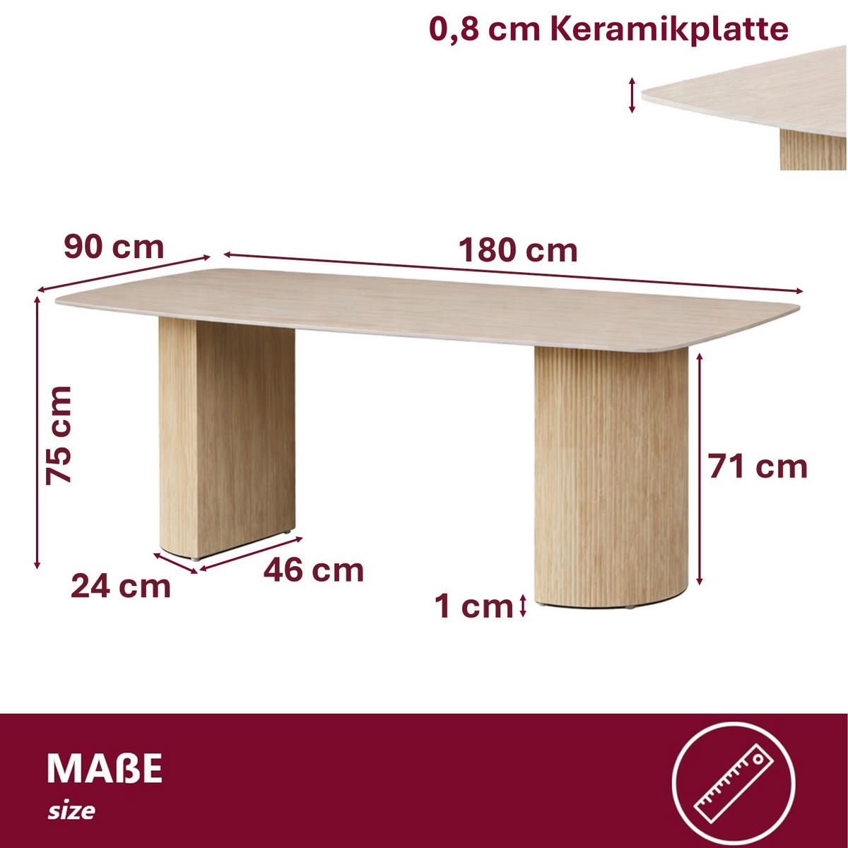 ESSTISCH Keramik Travertin-Optik geriffeltes Säulengestell Sand 180 × 90 cm - Sandfarben, Keramik/Metall (90/180/75cm) - HOOZ