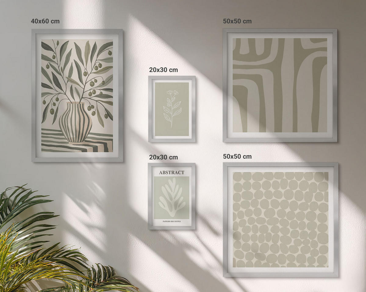 BILDER SET 5er Set - 50x50 cm & 20x30 cm & 40x60 cm Silberner Rahmen - Abstrakte Pflanzenmuster - Silberfarben, Kunststoff (40/60cm) - TULUP
