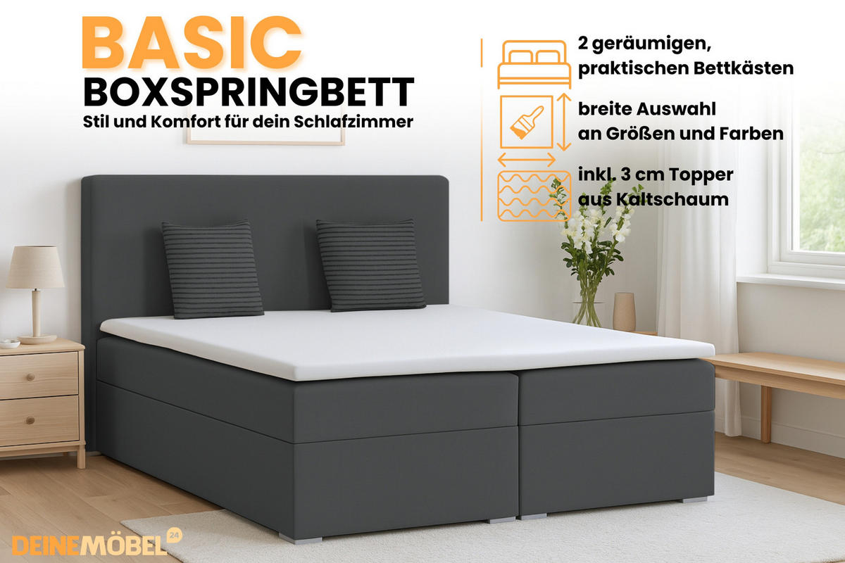BOXBETT BASIC 200/200 Velours Dunkelgrau mit Taschen-Federkernmatratzen 7 Zonen H4 - Dunkelgrau, Holz/Holzwerkstoff (200/200cm) - Deine Möbel 24