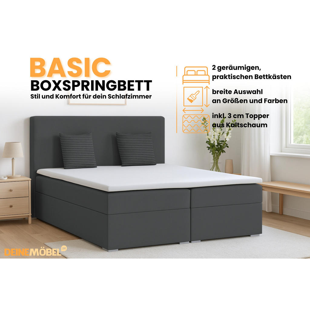 Thumbnail - Deine Möbel 24 Boxbett, Dunkelgrau, Textil, H4, 180x200 cm, Schlafzimmer, Betten, Boxspringbetten