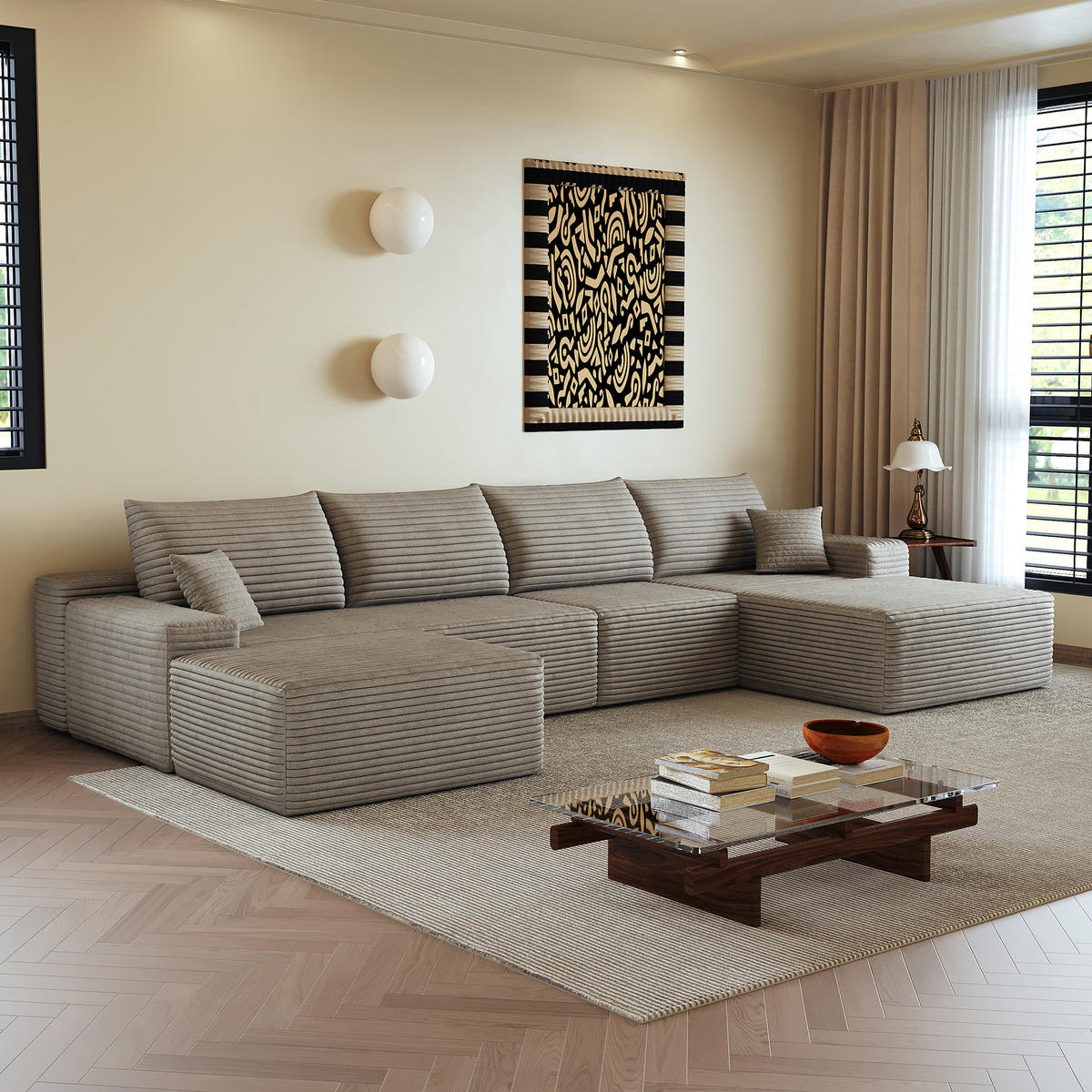 WOHNLANDSCHAFT DE-34857 U-Form 3-Sitzer Chaiselongue rechts Camel - Sandfarben, Textil (175/83/270cm) - ComfortXL