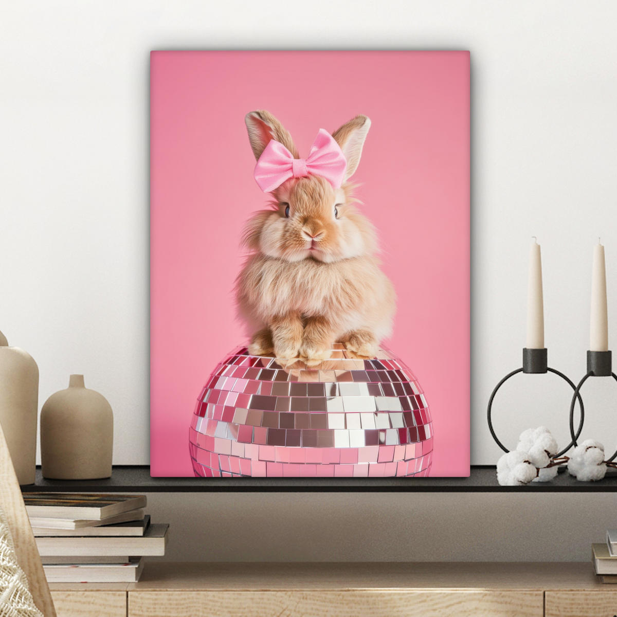 LEINWANDBILD Schleife - Discoball - Kaninchen Room Decor 30x40 cm - Pink, Textil (30/40cm) - MuchoWow