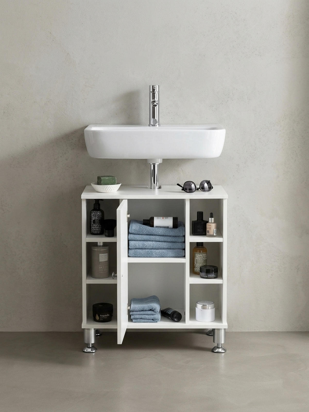 WASCHBECKENUNTERSCHRANK Weiß mit Chromdetails und justierbaren Füßen - Silberfarben/Weiß, Holz/Metall (60/64/32cm) - KADIMA DESIGN