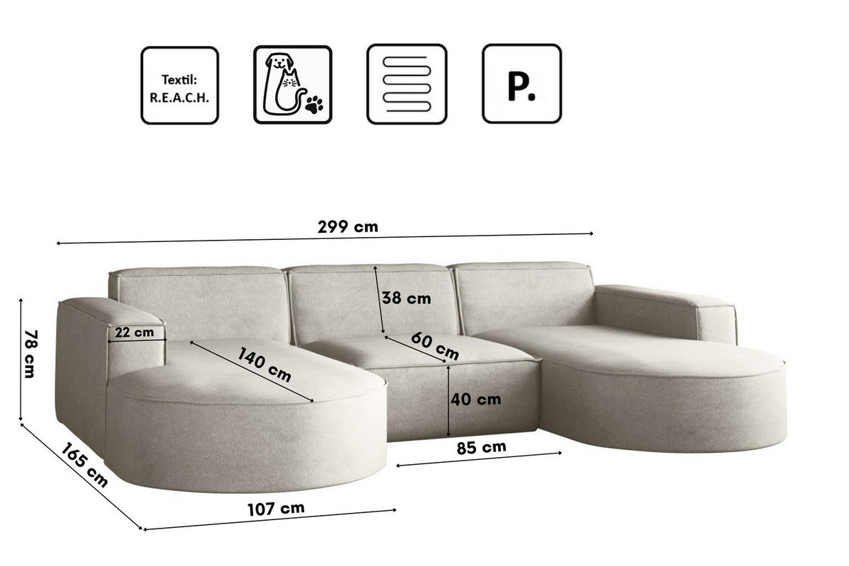 ECKSOFA Modena U-Form Elegant und Moderne Stoff Salvador Hellgrau - Hellgrau, Holz/Textil (299/165cm) - Kaiser Möbel