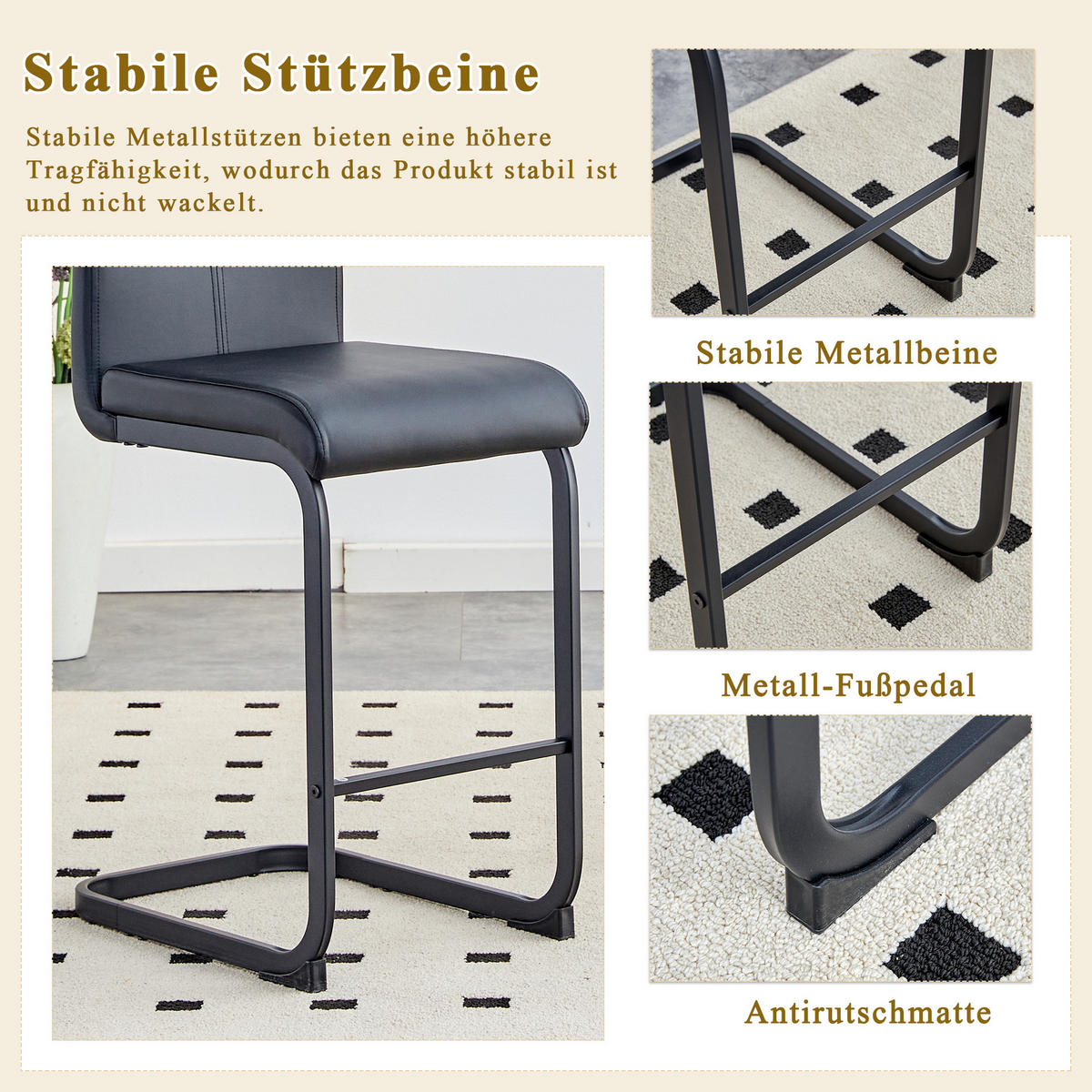 BARHOCKER 2er-Set Schwarz mit PU-Leder und Fußstütze - Schwarz, Metall (39/96.5/46.5cm) - PANGIVO