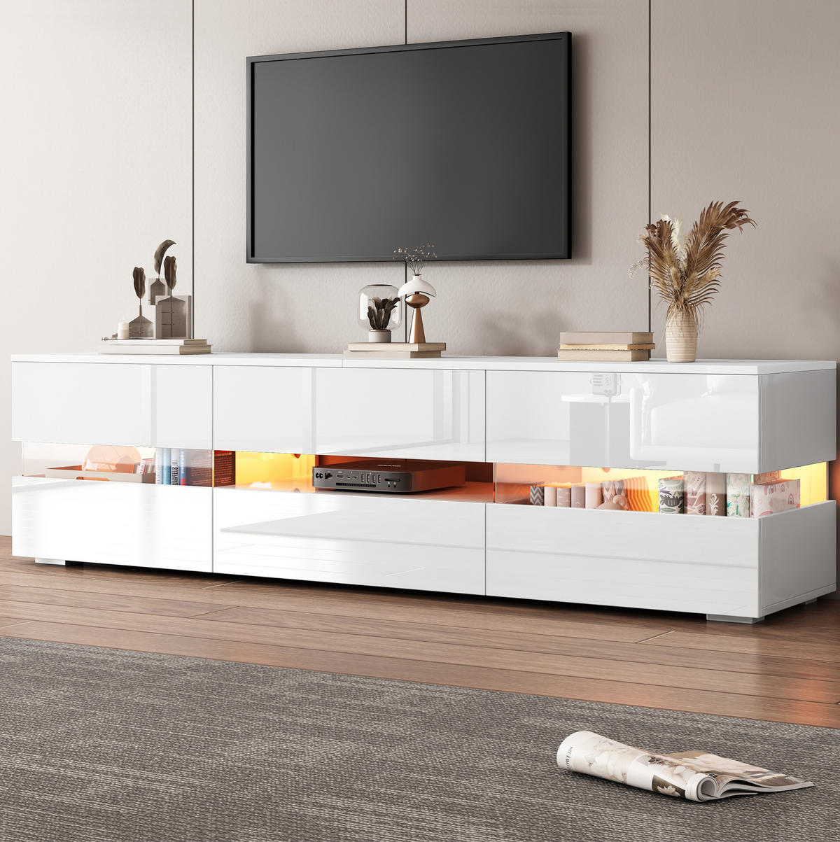 TV-LOWBOARD aus Spanplatte 160x39x45 cm Weiß mit LED-Beleuchtung, Drucköffnung und Hochglanzfront - Weiß, Holzwerkstoff (160/45/39cm) - Modfu